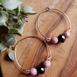Handmade Pink & Black Glass Beads x Crystal Hoops